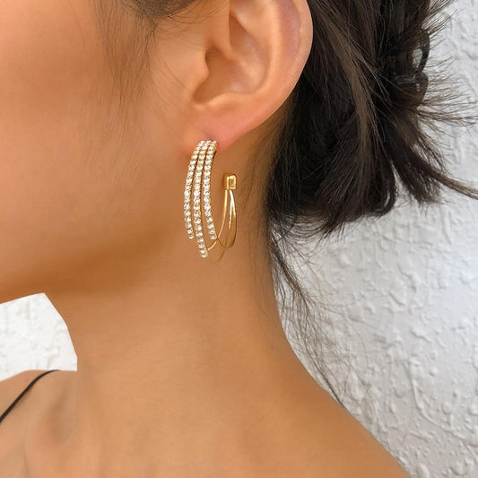 E1283 Geometric C-shaped Earrings Micro-inlaid Temperament Fashion Earrings Versatile Exaggerated Retro Ear Pins Female