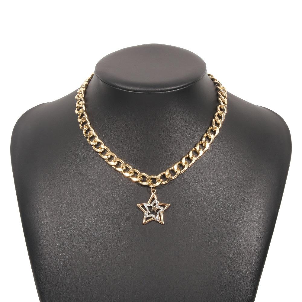 N8983 Personality Thick Chain Necklace Hip Hop Punk Pentagram Necklace Diamond Exaggerated Fashion Necklace