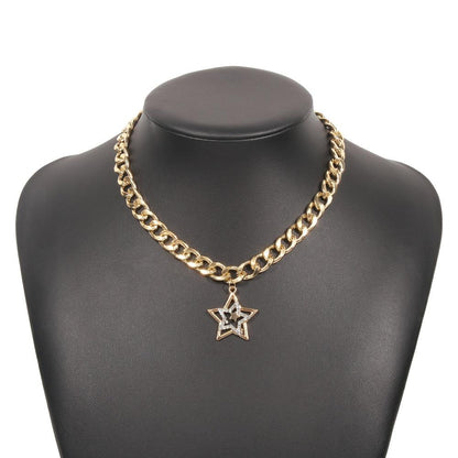 N8983 Personality Thick Chain Necklace Hip Hop Punk Pentagram Necklace Diamond Exaggerated Fashion Necklace