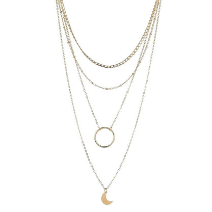 Fashion Circle Moon Pendant Necklace Retro Fashion Multilayer Thin Chain Necklace Accessories