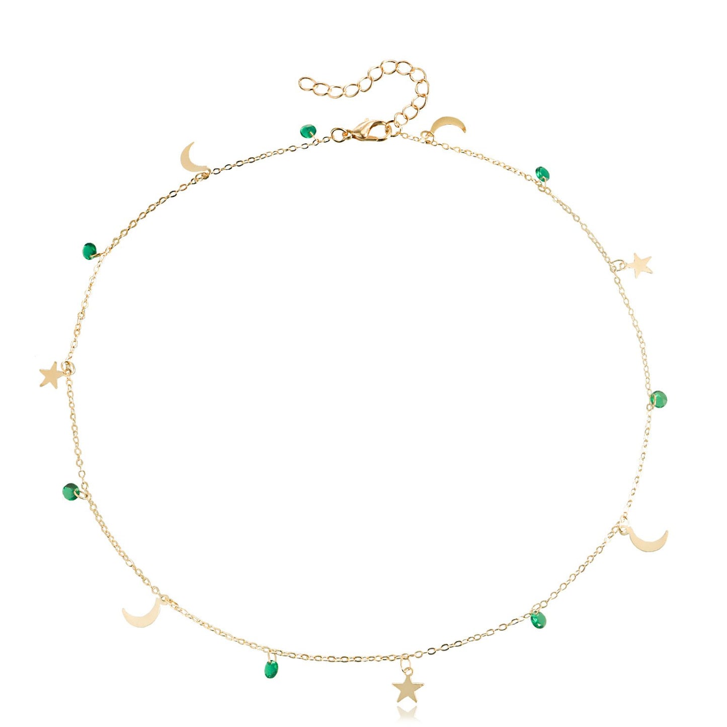Jewelry Simple Necklace Green Crystal Star Crescent Pendant Necklace Female Light Luxury Niche