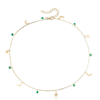 Jewelry Simple Necklace Green Crystal Star Crescent Pendant Necklace Female Light Luxury Niche