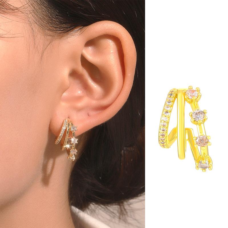 Explosive pink zircon earrings retro fashion niche design metal multi-layer C-shaped stud earrings temperament earrings