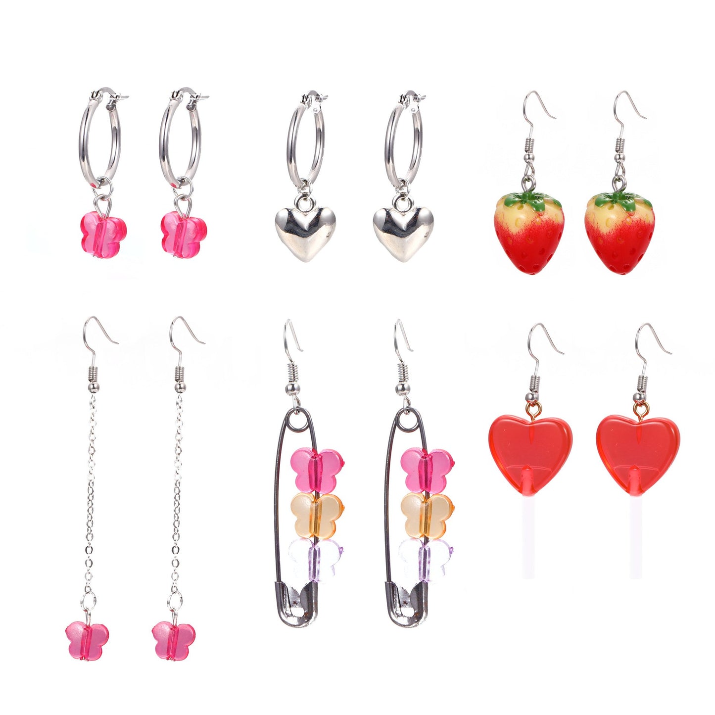 ins resin love earrings set fashion acrylic strawberry butterfly paper clip earrings set of 6
