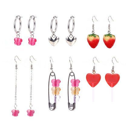 ins resin love earrings set fashion acrylic strawberry butterfly paper clip earrings set of 6