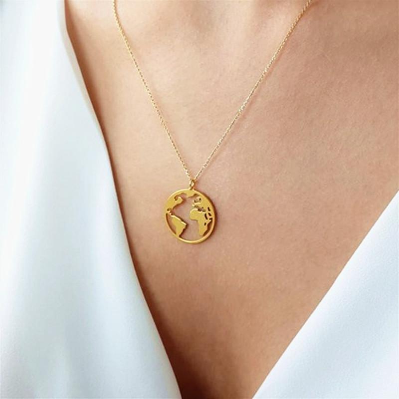 Stainless Steel World Map Necklace Geometric Round Hollow World Map Clavicle Chain Stainless Steel Jewelry