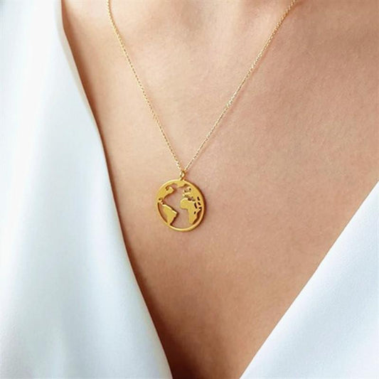 Stainless Steel World Map Necklace Geometric Round Hollow World Map Clavicle Chain Stainless Steel Jewelry