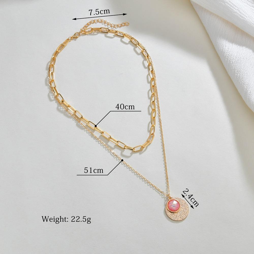 Fashion Round Alloy Resin Bezel Diamond Pendant Necklace Retro Square Line Double Layer Necklace Accessories