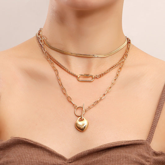 Jewelry punk multi-layer flat snake chain geometric peach heart pendant necklace female ins love necklace