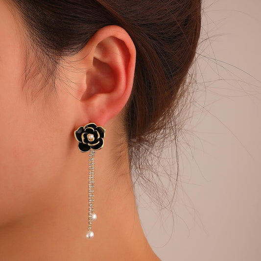 Retro Diamond Black Camellia Earrings Women's Fashion Personality Temperament Long Tassel Pearl Earrings