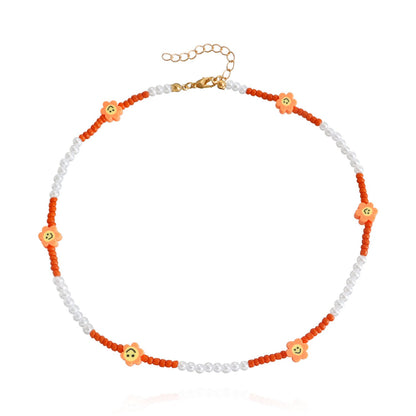 Jewelry Bohemian colored rice beads imitation pearl smiley flower necklace choker necklace female