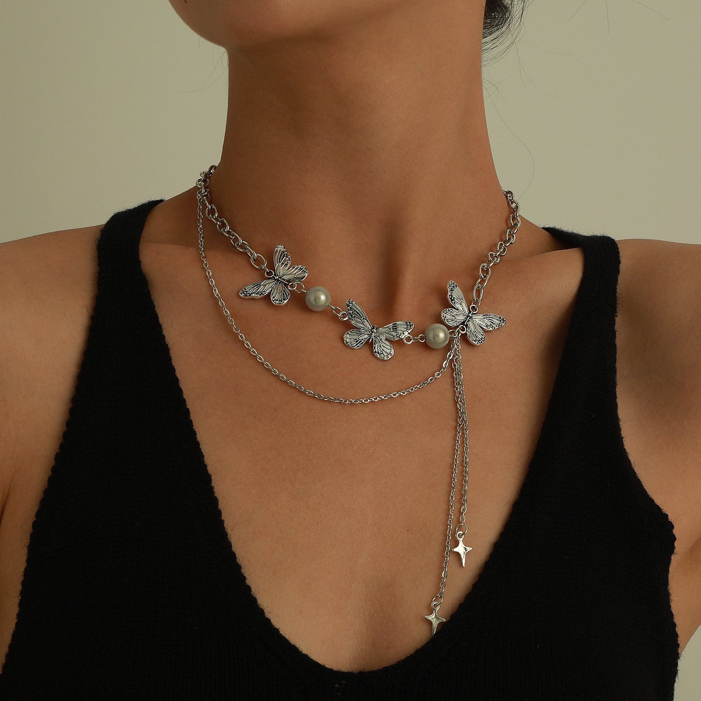 Jewelry Trendy Luminous Pearl Three Butterfly Necklace Women's Double Tassel Cross Star Pendant