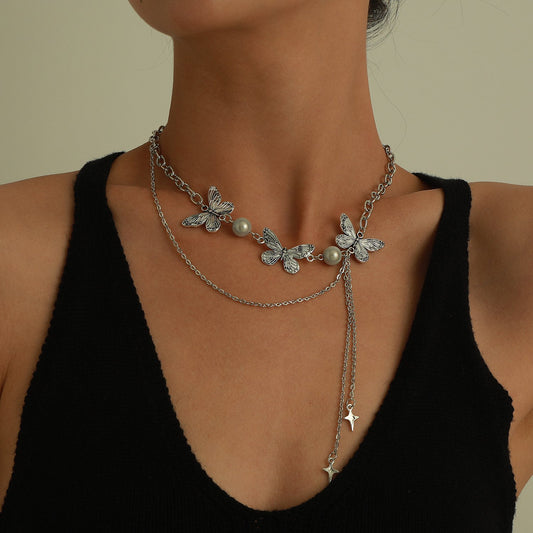 Jewelry Trendy Luminous Pearl Three Butterfly Necklace Women's Double Tassel Cross Star Pendant