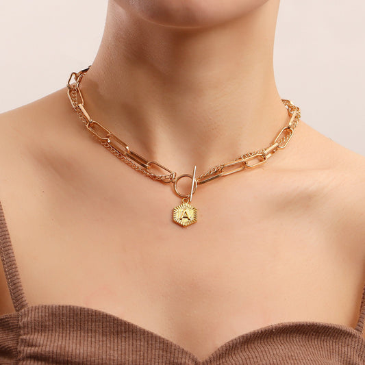 Necklace Explosive Accessories Exaggerated Punk Metal Cuban Chain Necklace Light Luxury Letter A Double Necklace Female