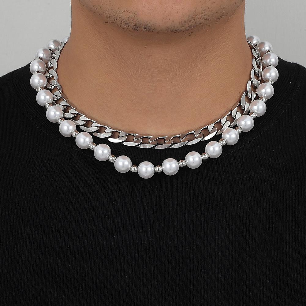 The same trendy men's stainless steel necklace cold double-layer Cuban chain six-sided grinding coarse chain pearl chain