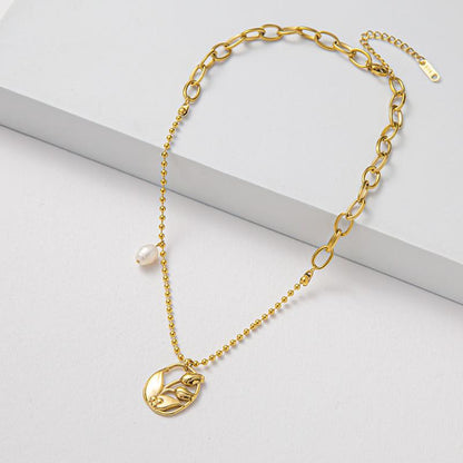 Niche light luxury design embossed tulip necklace female freshwater pearl drop glaze rose necklace retro