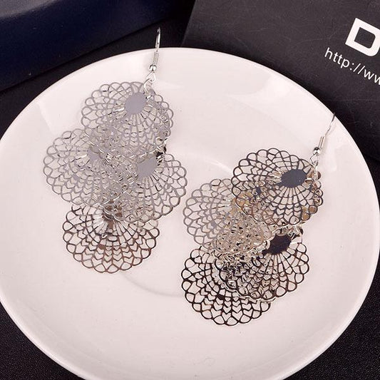 Multi-layer Hollow Out Round Flower Ladies Earrings Alloy Metal Sheet Earrings