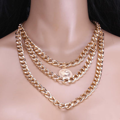 Simple Personality Portrait Round Card Coin Pendant Necklace Multi-layer Chain Fashion Trendy Necklace