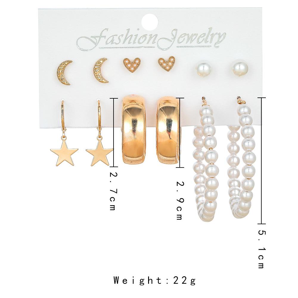 Trendy simple five-pointed star pearl love moon earring small fresh ins retro earring set