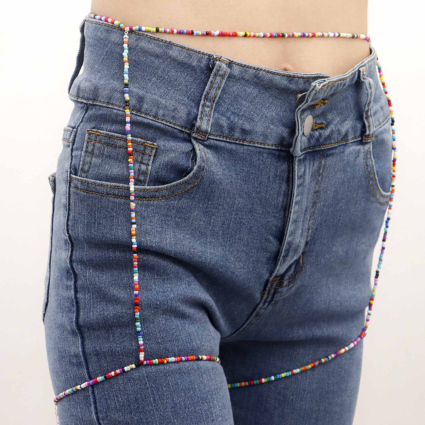 Jewelry Versatile Mixed Color Colorful Rice Beads Waist Chain Leg Chain Body Chain Accessories Female Waistchain