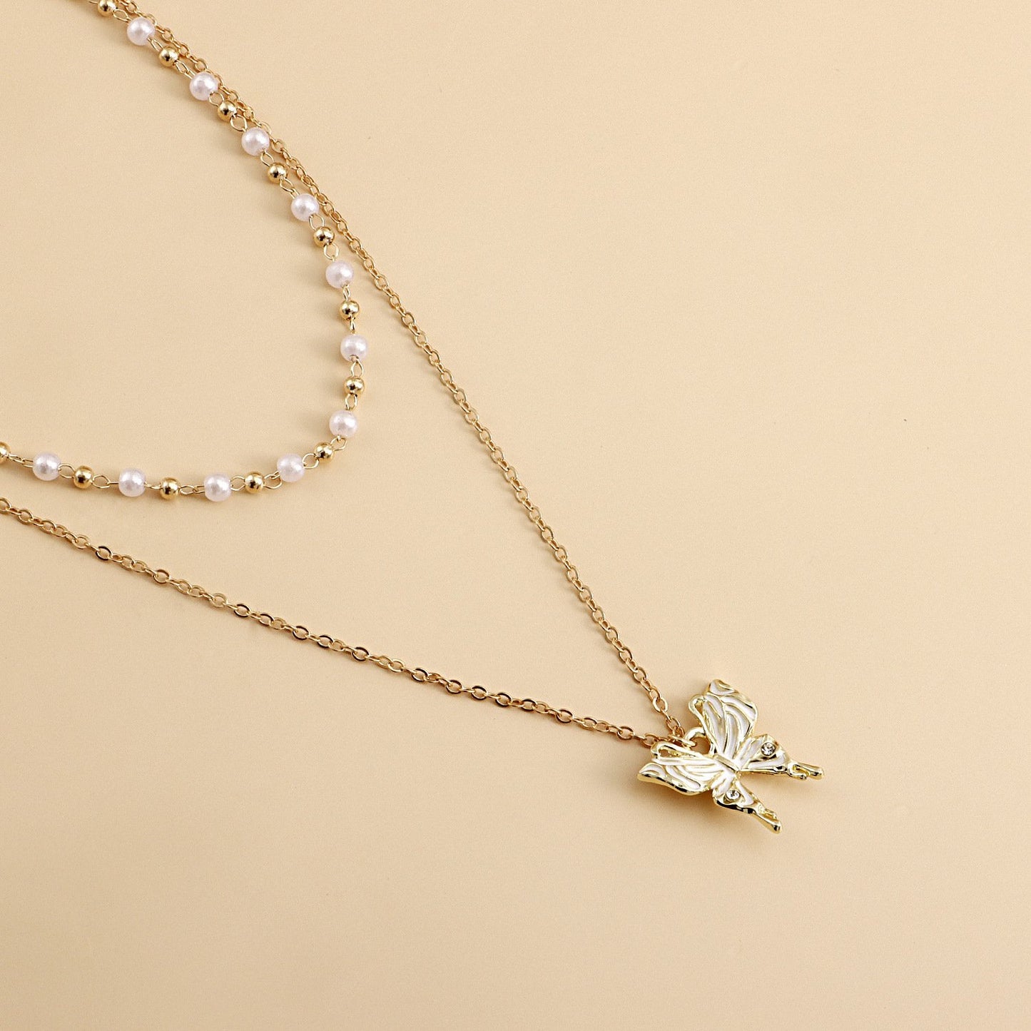 Necklace Fashion Double Pearl Clavicle Chain Butterfly Pendant Necklace Female Jewelry