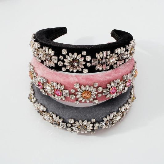 F3617 Autumn and Winter Exaggerated Series Headband Thick Sponge Geometric Full Diamond Palace Hair Ornament Gold Velvet Flower Headband Female