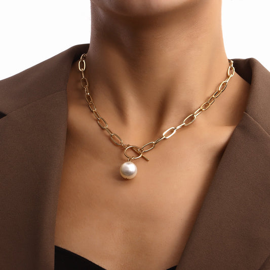 Jewelry simple paper clip bamboo chain large pearl pendant necklace female punk trend necklace