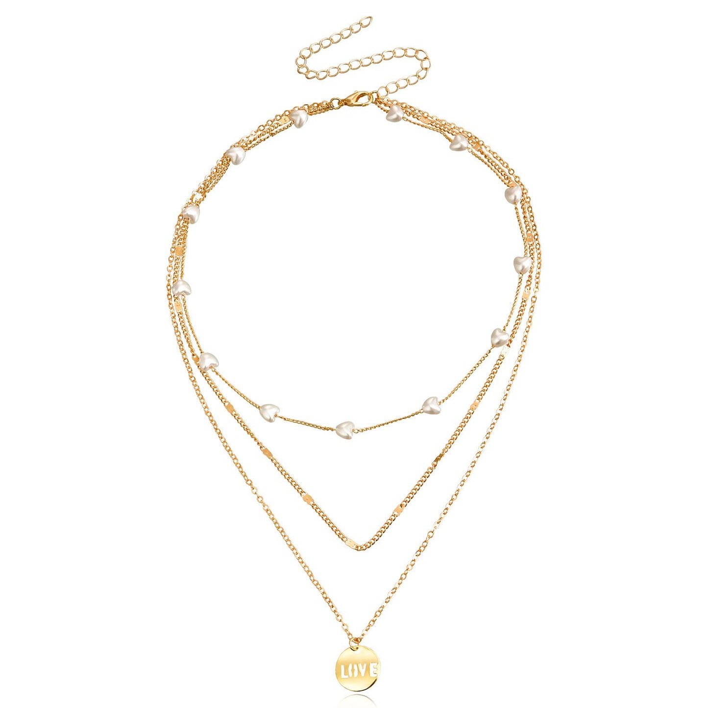 Jewelry fashion multi-layer small hole chain LOVE round pendant necklace female love imitation pearl necklace