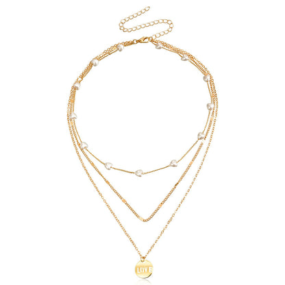 Jewelry fashion multi-layer small hole chain LOVE round pendant necklace female love imitation pearl necklace
