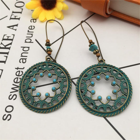 Vintage Ethnic Earrings Alloy Leaf Palm Owl Turquoise Earrings Jewelry Set