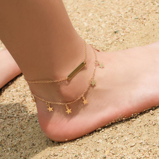 Foot jewelry trend women's simple beach foot jewelry fashion double-layer five-pointed star anklet