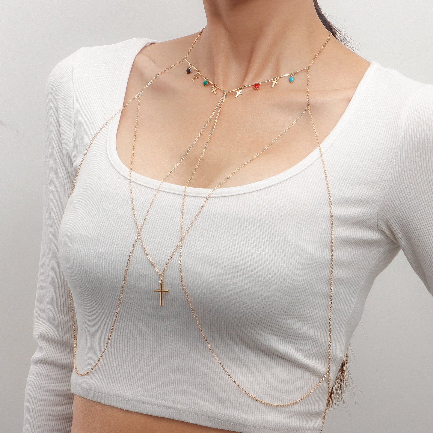 Jewelry ins drop oil love cross chest chain female accessories body chain whole body bodychain