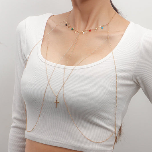 Jewelry ins drop oil love cross chest chain female accessories body chain whole body bodychain
