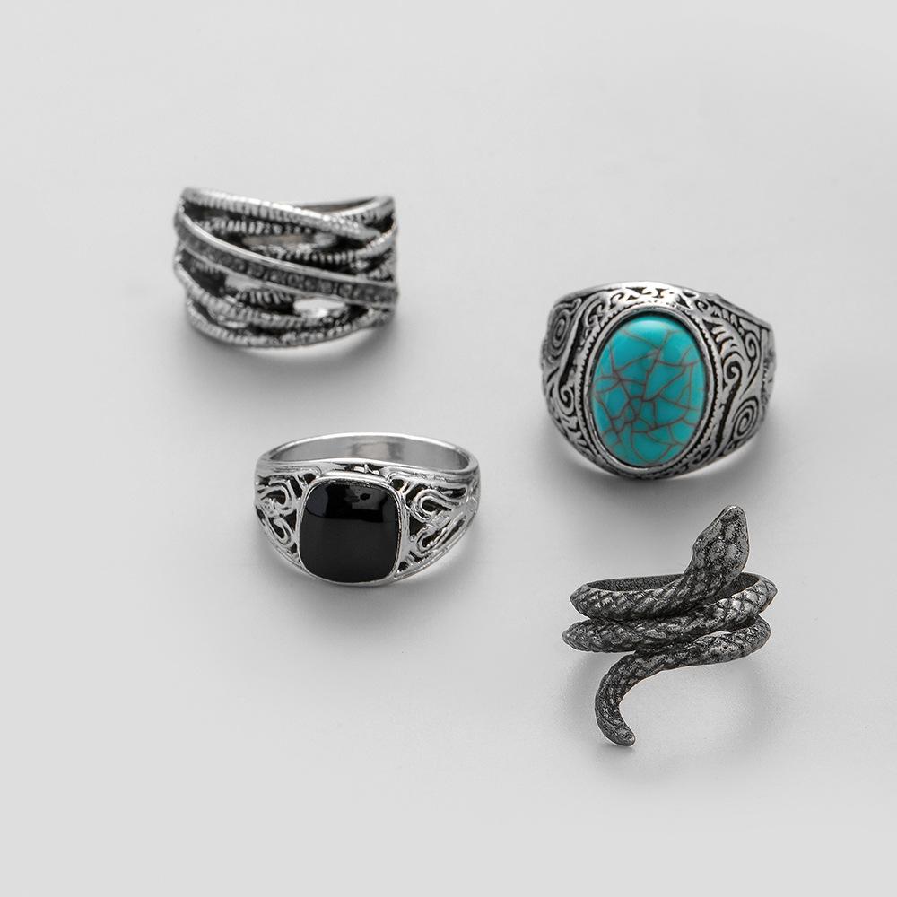 Trendy street photography luxury punk men's alloy creative personality exaggerated turquoise snake ring set