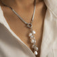 Temperament retro rice grain pearl tassel necklace female trend metal flat snake chain clavicle necklace