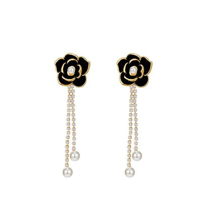 Retro Diamond Black Camellia Earrings Women's Fashion Personality Temperament Long Tassel Pearl Earrings