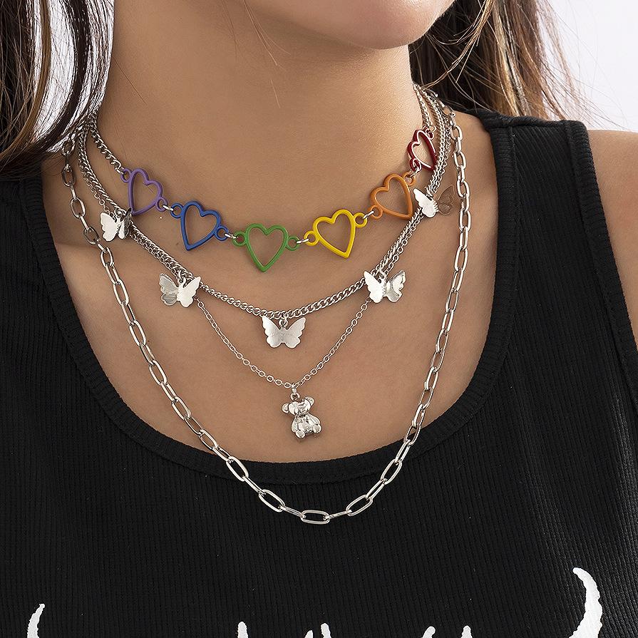 Jewelry Punk Butterfly Bear Tassel Necklace Female Mix and Match Color Peach Heart Necklace Set