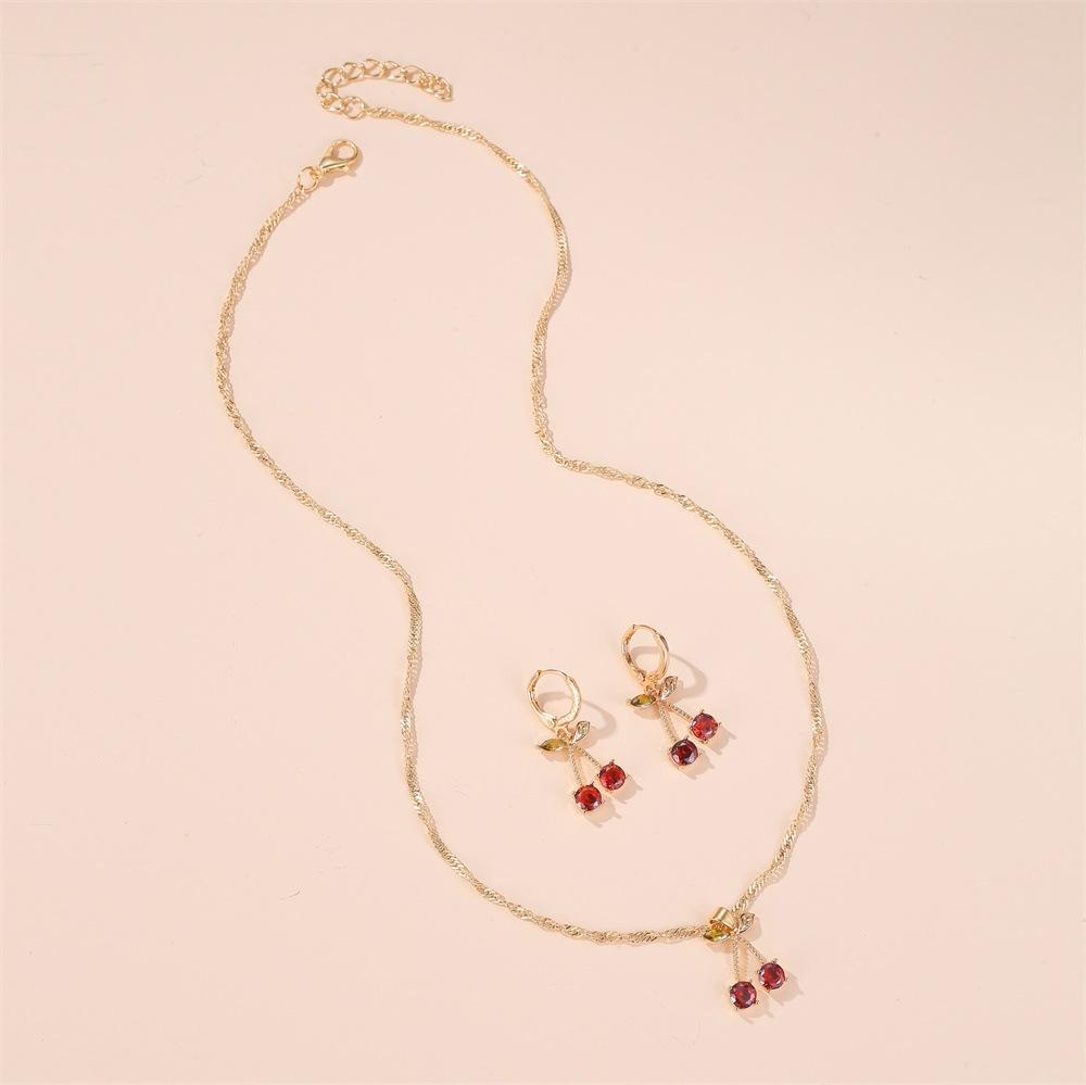 Wedding Dinner Jewelry Temperament Pomegranate Red Cherry Necklace Female Simple Versatile Crystal Earrings