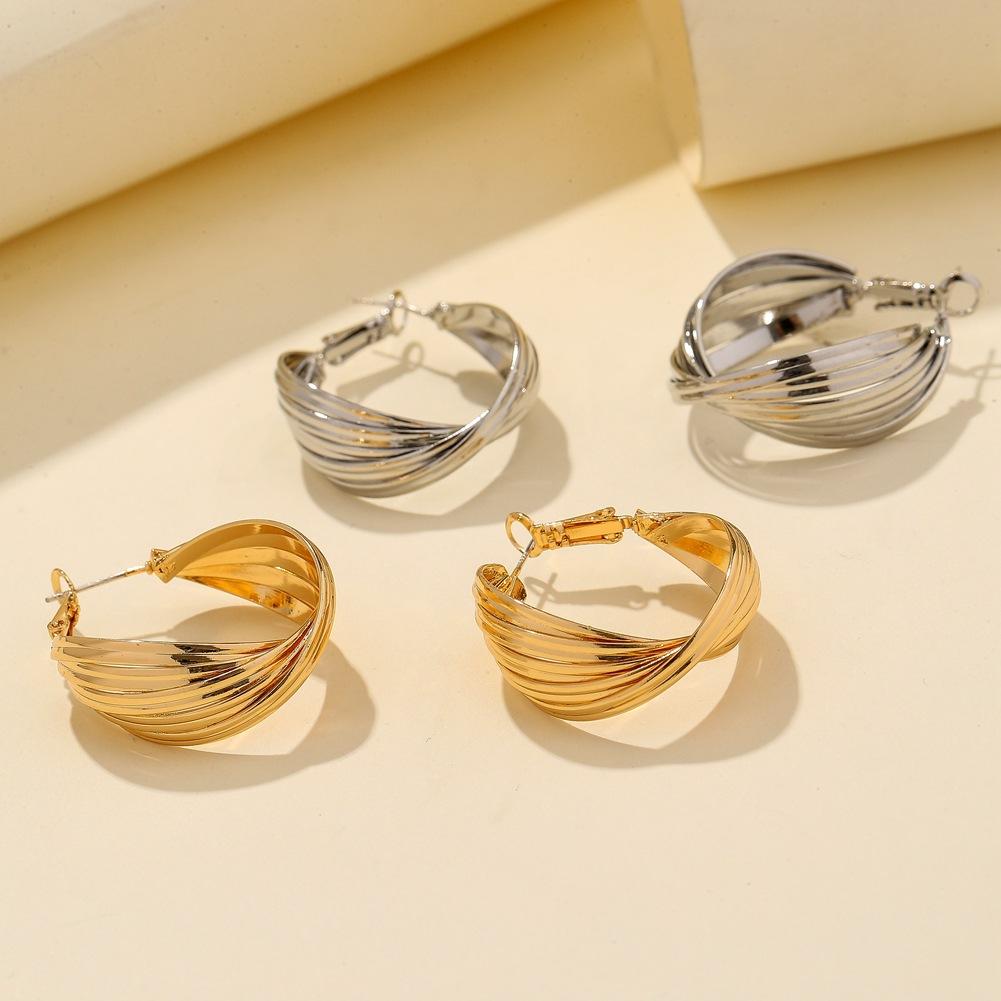 Retro Hong Kong C-Shaped Earrings Frosty Cross Metal Line Simple Earrings Jieyue Jewelry