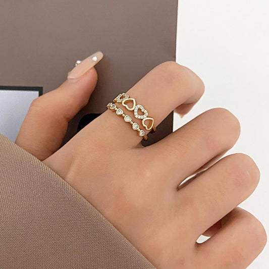 ins double love ring women's fashion light luxury diamond hollow heart-shaped opening index finger ring personality ring