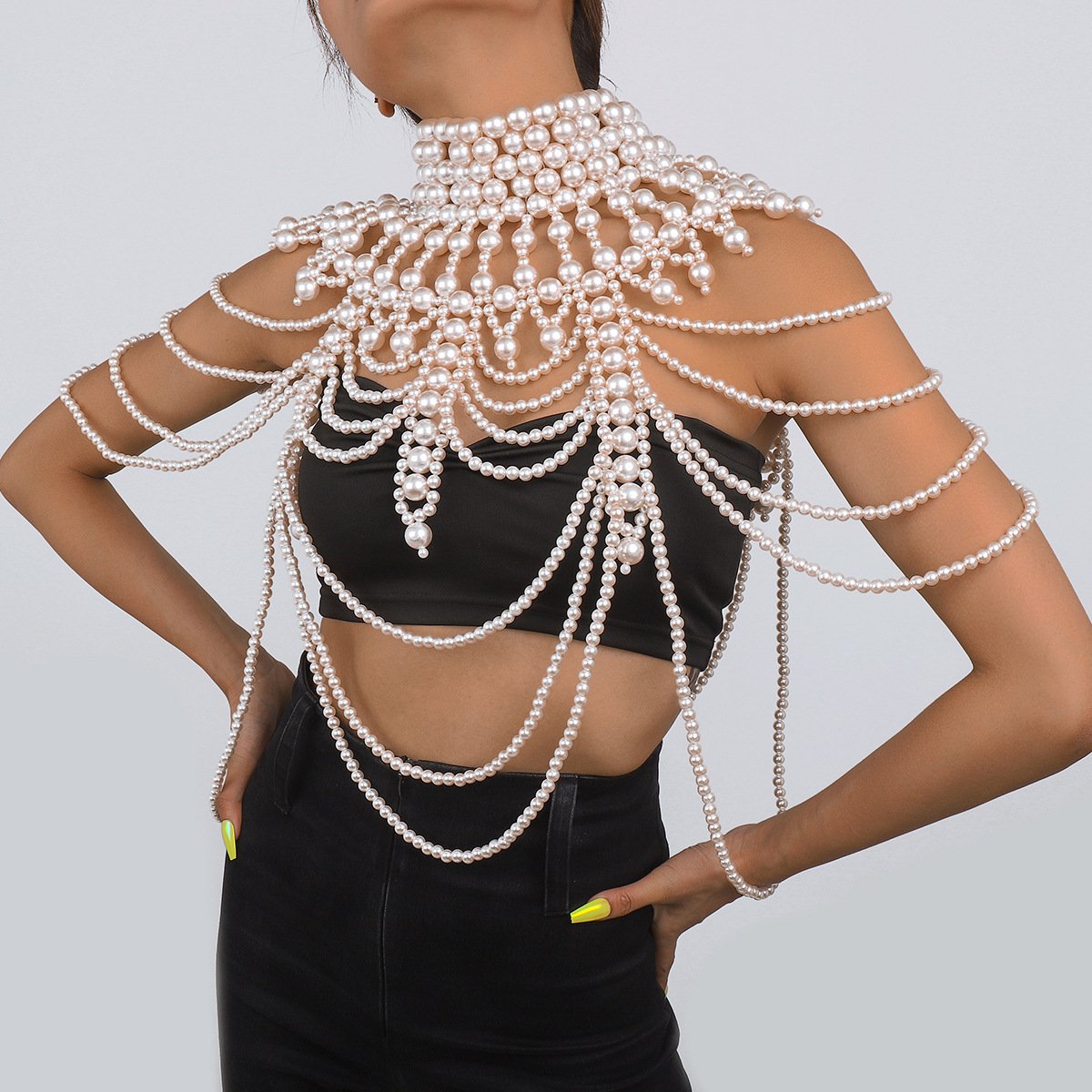 C419 Retro Exaggerated Heavy Industry Pearl Shawl Layered Tribal Hollow Weave Sexy Body Chain
