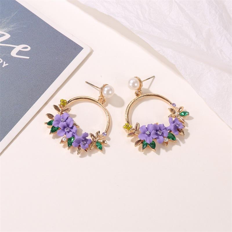 Ins sweet flower earrings net red same temperament color wreath pearl earrings female earrings