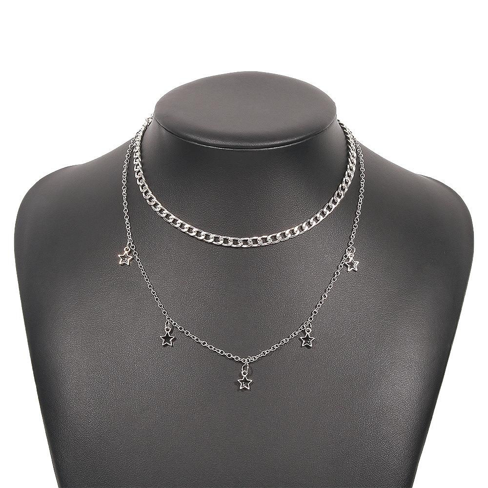 N9267 Double Pentagram Necklace Geometric Drip Oil Elegant Necklace Metal Texture Fashion Clavicle Chain Women