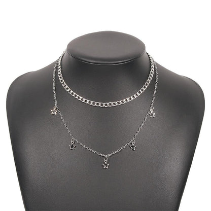 N9267 Double Pentagram Necklace Geometric Drip Oil Elegant Necklace Metal Texture Fashion Clavicle Chain Women