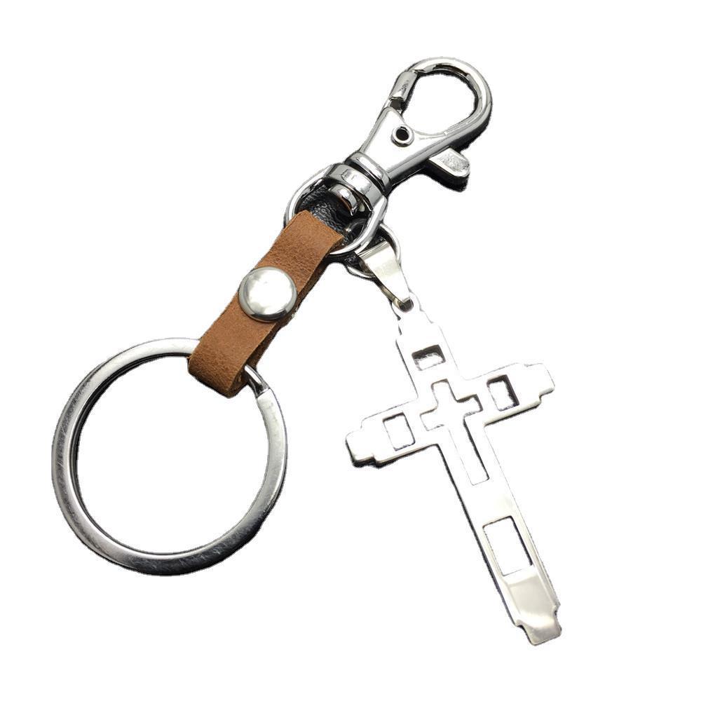 Grid Hollow Cross Stainless Steel Pendant Leather Keychain Couple Gift Small Gift