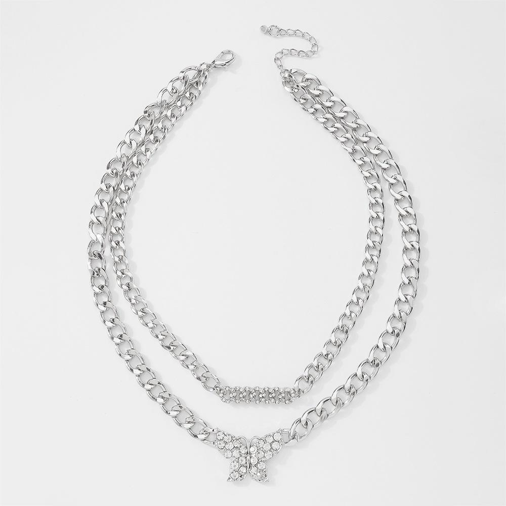 N8917 Double-layer trendy money ornament full diamond butterfly Cuban chain necklace exaggerated temperament geometric chain necklace