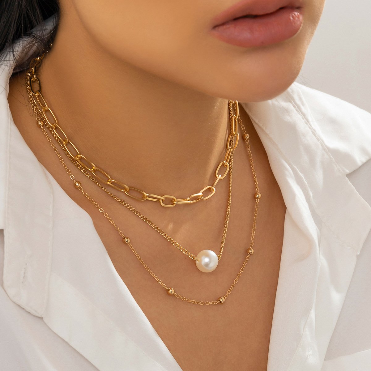 Jewelry Hip Hop Simple Metal Chain Clavicle Necklace French Multilayer Chain Imitation Pearl Necklace Female