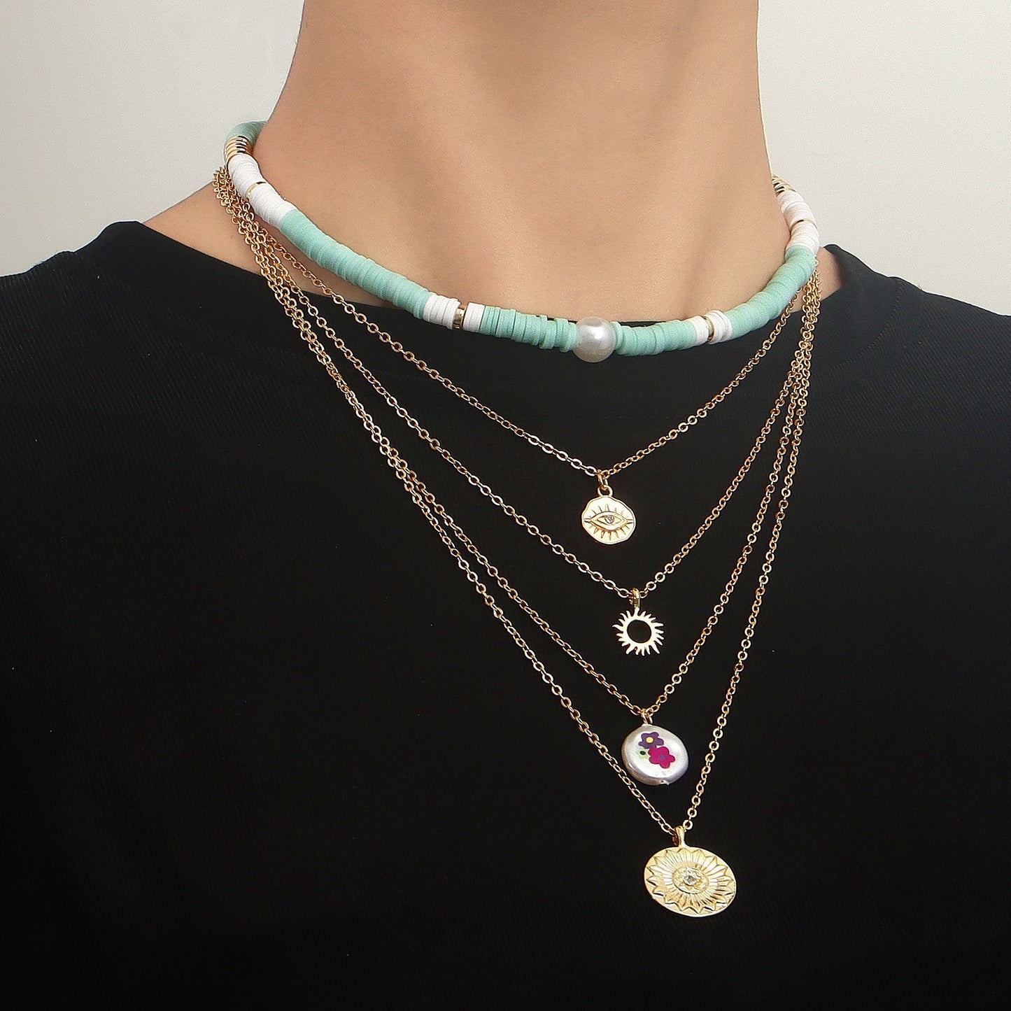 Jewelry Bohemian retro multi-layer color soft pottery geometric round pendant necklace female personality