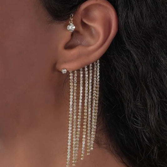 Fashion temperament long diamond tassel earring female niche design geometric C-shaped ear clip without ear piercing earrings