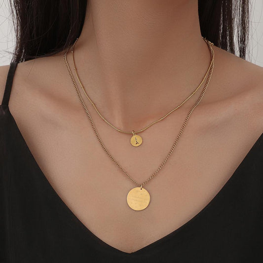 Elegant and trendy stainless steel round plate pendant titanium steel starry multi-layer necklace sexy clavicle chain